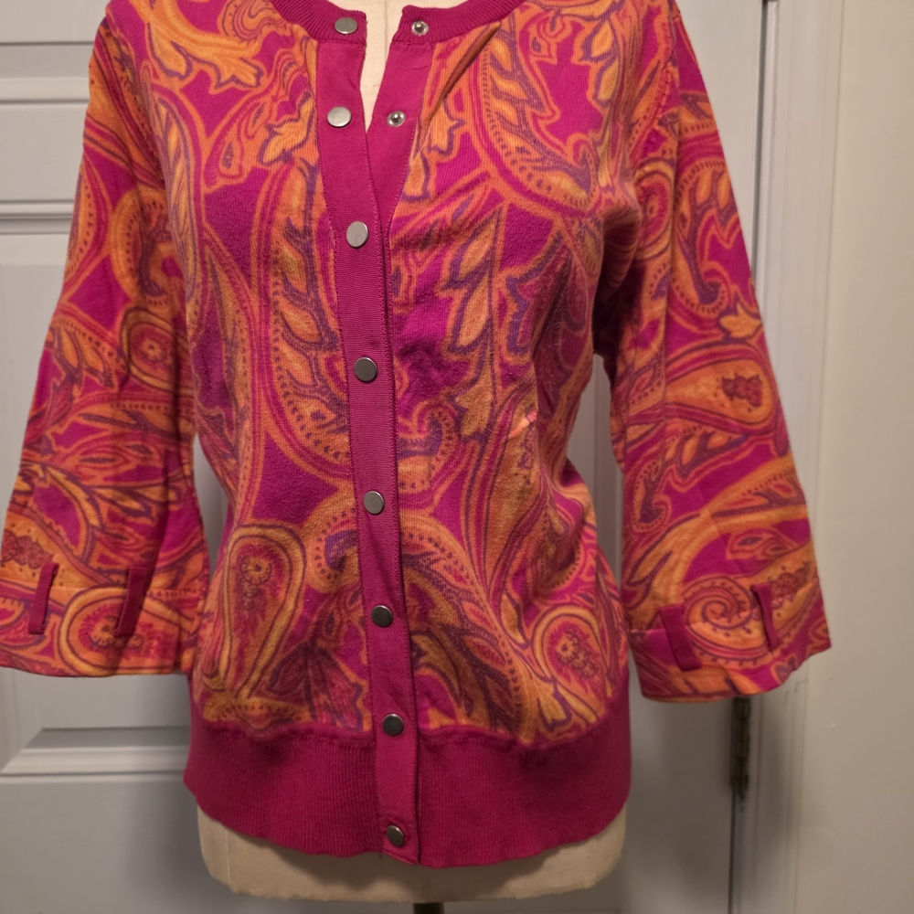 Vibrant Pink & Orange Paisley Snap-Front Cardigan